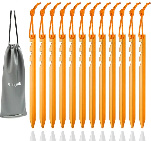 Juego de 12 estacas de aleación de aluminio con cuerdas reflectantes, estacas de metal ligeras para acampar tiendas de campaña, hamacas Naranja