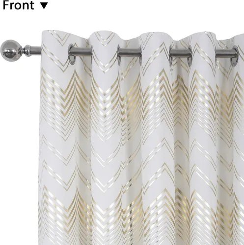 Miniatura 3 de always4u - Cortinas de terciopelo suave con estampado de lámina 84 pulgadas de largo, cortinas de chevron blanco y dorado, tratamiento de lujo