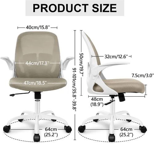 Miniatura 3 de Primy Silla de Oficina Ergonómica Silla de Escritorio con Reposabrazos Abatibles Silla Giratoria de Escritorio de Malla Transpirable para Caqui