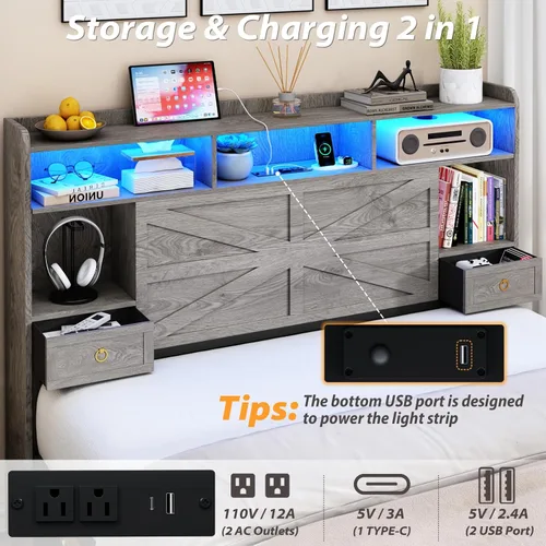 Miniatura 4 de TIGUBFRE Base de cama Queen con cabecera de almacenamiento, marco de cama de madera de granja tamaño Queen con 4 cajones, luz LED y estación de gris