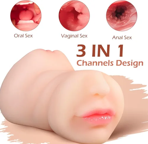 Miniatura 2 de Masturbadores masculinos de bolsillo 3 en 1 con cara realista, muñeca sexual con boca texturizada realista, vagina y ano apretado, masturbador