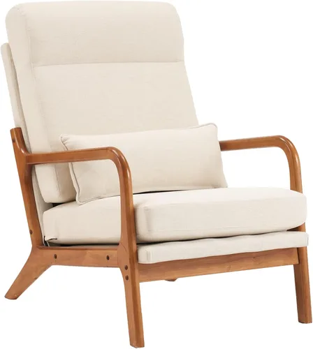 Miniatura 13 de SSLine Sillón tapizado moderno de tela de lino suave con almohada y marco de madera de roble, cómodo sofá individual con respaldo alto, silla