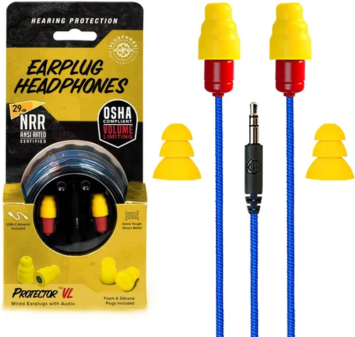 Plugfones Protector Volume Limited Audio Earbuds, tapones para los oídos compatibles con OSHA con sonido, azul y amarillo Amarillo y rojo (Yellow &