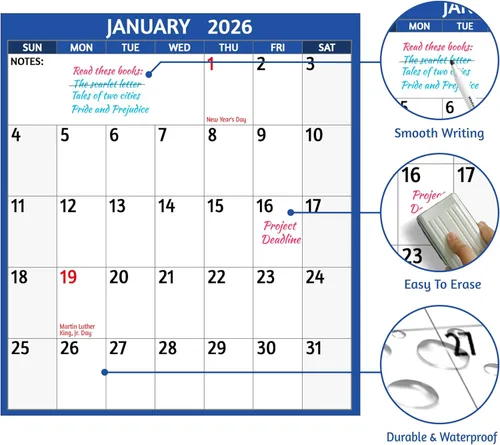 Miniatura 5 de Calendario de borrado en seco 2026, calendario anual grande de pared 2026, 38.2 x 25.2 pulgadas, calendario reversible de 2 lados 2026