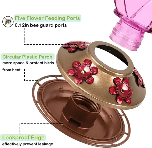 Miniatura 5 de BOLITE Comederos para colibríes para exteriores colgantes, comedero de vidrio para colibríes, comedero para aves silvestres con cinco puertos de azul