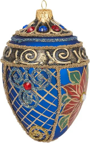 Miniatura 2 de Fabergé - Huevo de cristal soplado de 5 pulgadas, adorno para árbol de Navidad, flor de pascua, color azul marino Poinsettia azul marino y rojo