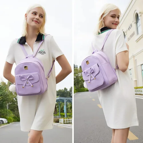 Miniatura 11 de ZGWJ Mini mochila de cuero con moño, mochila pequeña, linda mochila casual de viaje para niñas y mujeres, M, Mochilas tipo mochila