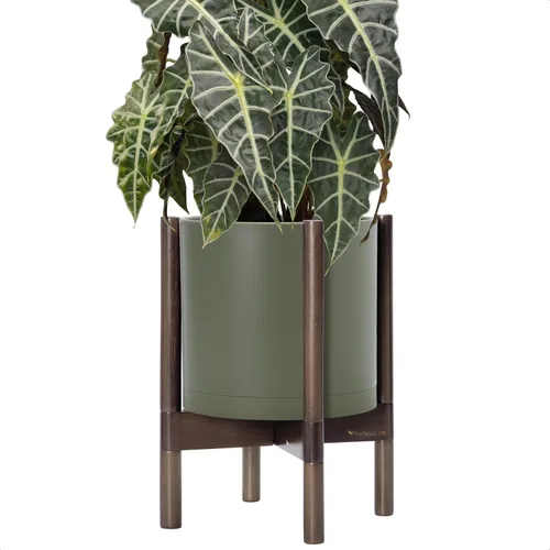 Miniatura 24 de Maceta de D'vine Dev con soporte - Maceta de flores de cilindro de plástico de 8.0 pulgadas con soporte de madera para interiores, maceta mate negra
