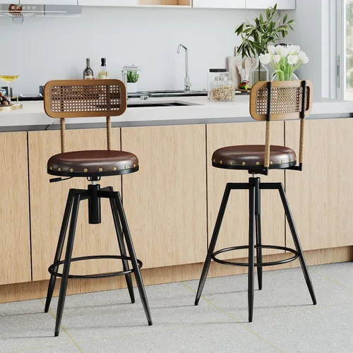 Miniatura 9 de Taburete de bar giratorio ajustable de 42 pulgadas con respaldo, taburetes rústicos de altura de bar, silla de bar de 360 grados para comedor, isla