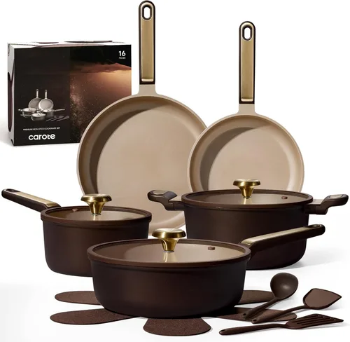 CAROTE Juego de ollas y sartenes antiadherentes, juego de 16 utensilios de cocina antiadherentes, no tóxico y libre de PFOA y PFOS, lavavajillas,