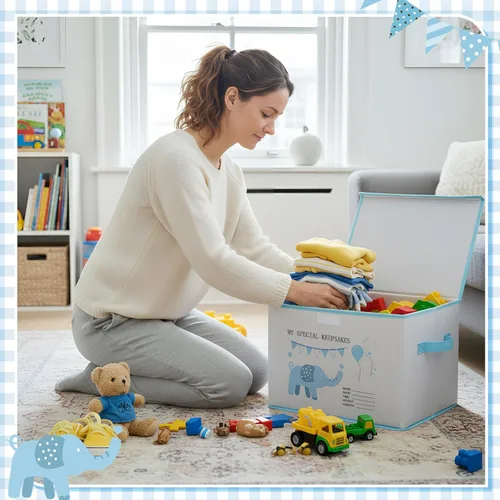 Miniatura 4 de LemonRoad Caja de recuerdos de bebé de 16 x 12 x 12 pulgadas, baby shower, elefante, primera caja de recuerdos, para recién nacidos, regalo de Azul