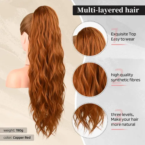 Miniatura 2 de Flufymooz Extensión de Cola de Caballo, 26 Pulgadas de Extensión de Cabello con Cordón para Mujeres, Cola de Caballo Larga y Rizada Ondulada