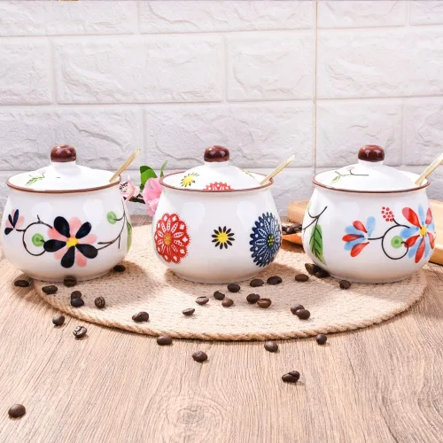 Miniatura 5 de Azucarero de cerámica con tapa y cuchara, recipiente de azúcar floral pintado a mano de 10.8 onzas para cocina, tarro de especias de porcelana HH
