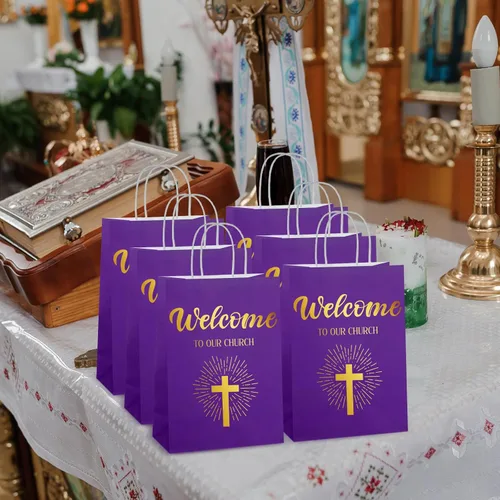 Miniatura 5 de Chuangdi 50 bolsas de regalo de bienvenida a la iglesia, bolsas de papel cristiano con asas para invitados, día de la madre, baby shower, Púrpura