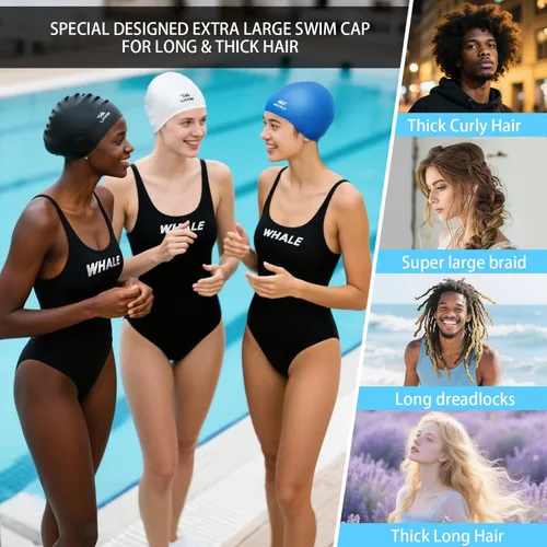 Miniatura 4 de WHALE Gorro de natación extragrande para mujeres y hombres, antideslizante, de alta elasticidad, mantiene el cabello seco, unisex, tamaño grande