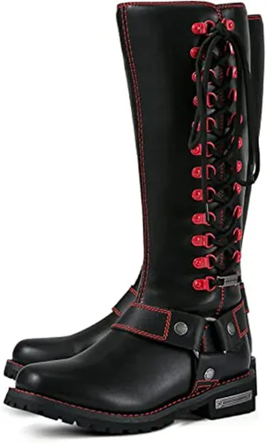 Dream Apparel Botas de motocicleta con arnés para mujer, botas de motociclista con punta cuadrada, botas altas con cordones hasta la rodilla con