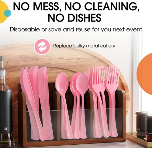Miniatura 5 de Party Solids Tenedores de plástico rosa, 200 piezas, tenedores rosa, utensilios desechables, juego de cubiertos de plástico resistente