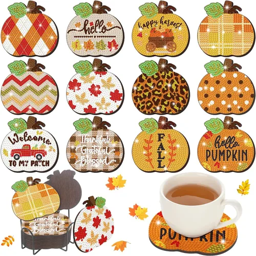 Miniatura 8 de 12 posavasos de arte de diamantes de otoño, calabaza, hoja de arce, Acción de Gracias, bricolaje, pintura con soporte, kit de bricolaje