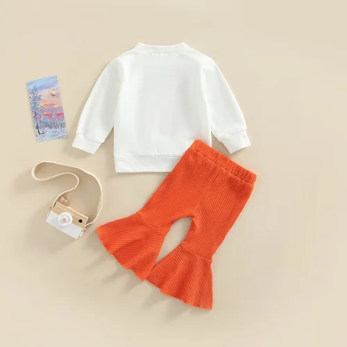 Miniatura 6 de Hnyenmcko Conjunto de ropa de Halloween para bebé niña, camiseta de manga larga con letras y pantalones de campana de calabaza con diadema, 3