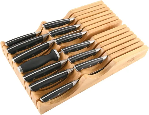 Miniatura 8 de Bloque de cuchillos en el cajón con 12 cuchillos japoneses de Damasco y afilador, organizador de cajones de cuchillos de bambú con 67 capas de acero