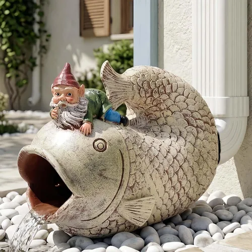 Miniatura 10 de Divertida escultura de gnomo desviador de canalón, desviador extensor de canalón de resina ecológica, extensión de canalón Koi Decor Downspout
