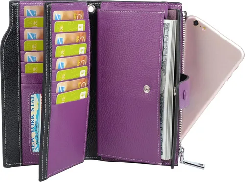 Miniatura 7 de YALUXE Cartera de piel auténtica para mujer, con bloqueo RFID, tarjetero múltiple con bolsillo para teléfono celular
