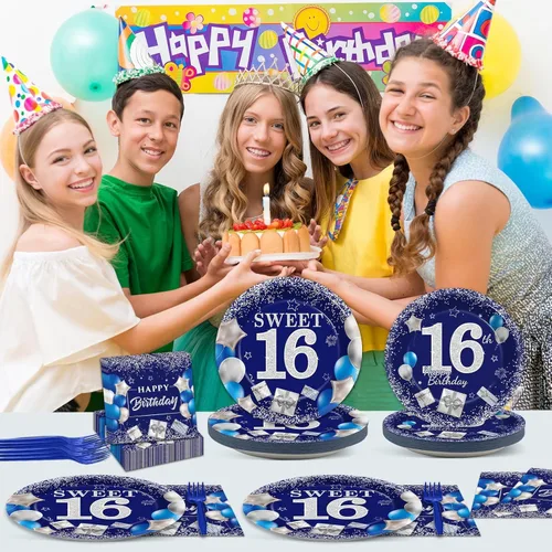 Miniatura 6 de gisgfim 96 Piezas Platos y Servilletas de Cumpleaños 16 Suministros para Fiestas Dulces 16 Juego de Vajilla para Fiestas Azul Plateado Decoraciones