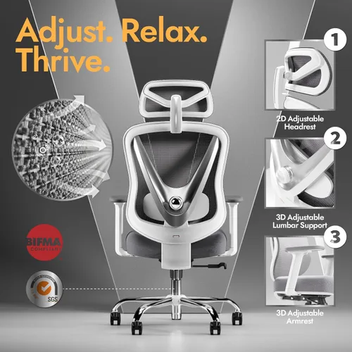 Miniatura 4 de HOLLUDLE Silla ergonómica de malla para oficina - Soporte lumbar ajustable 3D y reposabrazos 3D, respaldo en forma de V, silla de escritorio Blanco