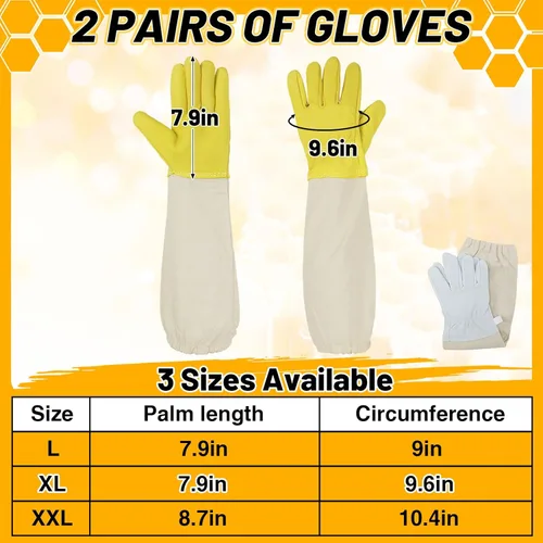 Miniatura 4 de ANPHSIN 2 pares de guantes largos de piel de cabra para apicultores, guantes de cuero protegidos, suministros de apicultura, blanco/amarillo