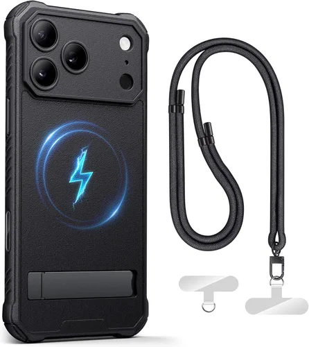 Miniatura 14 de Funda para iPhone 17 Pro, compatible con MagSafe, soporte integrado y botón de captura de control de cámara, protección de grado militar, funda Negro