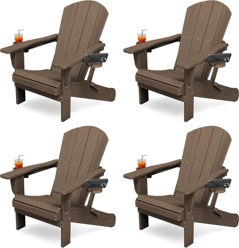 Miniatura 28 de KINGYES Silla plegable Adirondack con portavasos dobles - Sillas de exterior de HDPE para todo clima, silla de patio tipo madera para el patio Negro