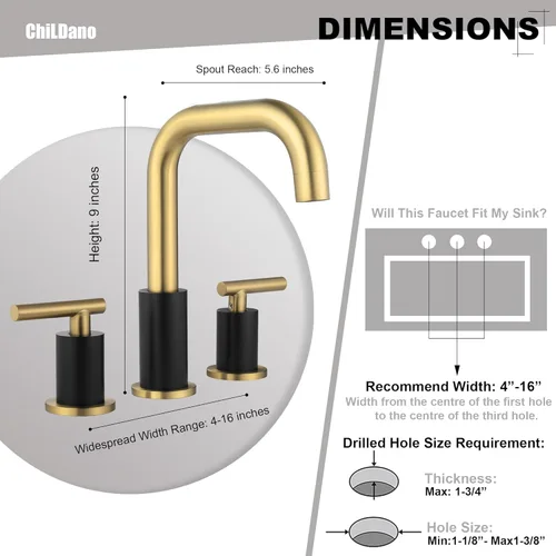 Miniatura 2 de ChiLDano Grifo de baño extendido de 8 pulgadas con desagüe y manguera de suministro, grifo de baño negro y dorado para lavabo de 3 orificios, grifo