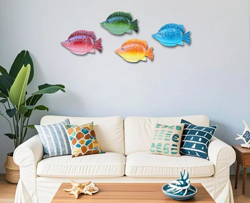 Miniatura 3 de ShabbyDecor Juego de 4 piezas de decoración de pared colgante de peces de metal del océano costero para sala de estar, dormitorio, baño, habitación