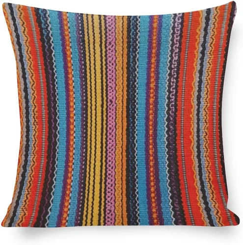 Fundas de almohada bohemias a rayas, estilo bohemio, mexicano, retro, multicolor, funda de cojín para sofá, 16 x 16 pulgadas, fundas de almohada
