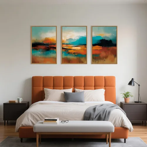 Miniatura 5 de Lienzo decorativo abstracto grande con marco naranja quemado, decoración de pared azul neutro y negro, arte moderno con pinceladas, impresión