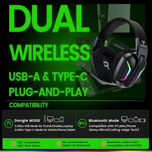 Miniatura 2 de WESEARY Auriculares inalámbricos para juegos para PS5, PS4, PC, Switch y Mac, latencia ultra baja de 20 ms, USB de 2.4 GHz y Bluetooth 5.4