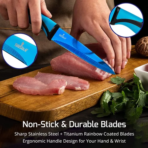 Miniatura 3 de SiliSlick Juego de cuchillos para carne de acero inoxidable, cuchillos de cocina coloridos con revestimiento de titanio con borde recto, suave