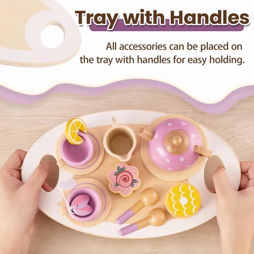 Miniatura 4 de BUYGER Juego de fiesta de té de madera para niñas pequeñas, juego de simulación de cocina para niños pequeños, accesorios de cocina de princesa