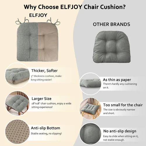 Miniatura 6 de ELFJOY Cojines para sillas de comedor de 18 x 18 x 3 pulgadas, juego de 4 cojines para sillas de cocina con lazos y respaldo antideslizante, cómodo