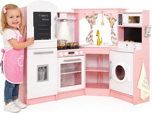 Conjuntos de Cocina de Jugar de Madera Grandes en Rincón con Máquina de Hielo, Dispensador de Agua, Panificadora, Lavadora, Pantalla Electrónica,
