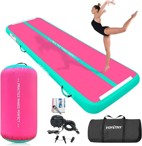 VOFiTNY - Esterilla inflable de gimnasia con pista de caídas y barril de aire octogonal con bomba para uso doméstico/gimnasio Rosa/menta+rodillo