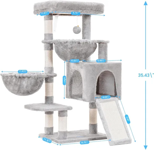 Miniatura 3 de Hey-brother Árbol para gatos, torre para gatos de interior, casa para gatos con cama acolchada grande, condominio acogedor, hamacas, postes claro