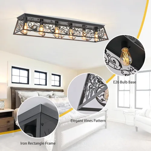 Miniatura 8 de Garwarm Lámpara de techo rectangular de montaje empotrado de 6 luces, lámpara de araña negra enjaulada de metal de 38 pulgadas, lámpara de techo