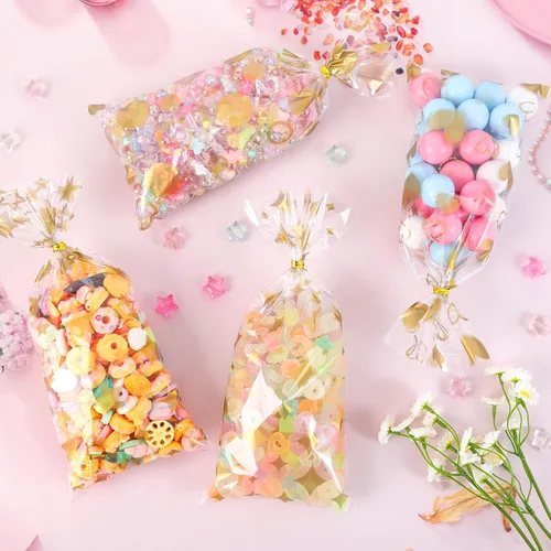 Miniatura 5 de COQOFA 100 bolsas de regalo de celofán de 5 x 11 pulgadas, color dorado, bolsas transparentes para recuerdos de fiesta, bolsas de plástico