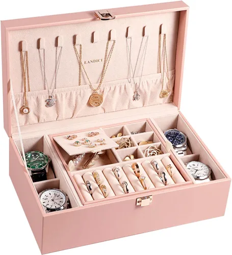 LANDICI Joyero organizador para mujeres y niñas, caja grande de 2 capas para reloj con bandeja extraíble, soporte de almacenamiento de joyas de piel