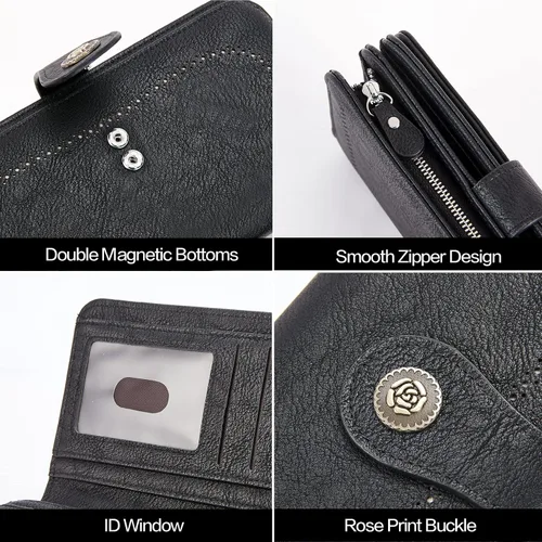 Miniatura 6 de Telena Billeteras de cuero para mujer con diseño de cartera de triple, para tarjetas de crédito, 4-negro-1, Vintage