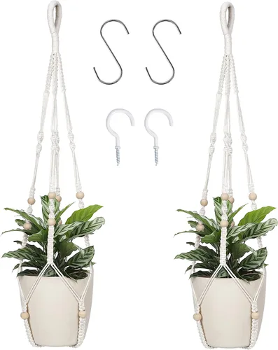 Miniatura 2 de Colgador de macramé para colgar plantas de interior con cuentas de madera, macetas de macramé sin borlas, para interiores y exteriores, decoración