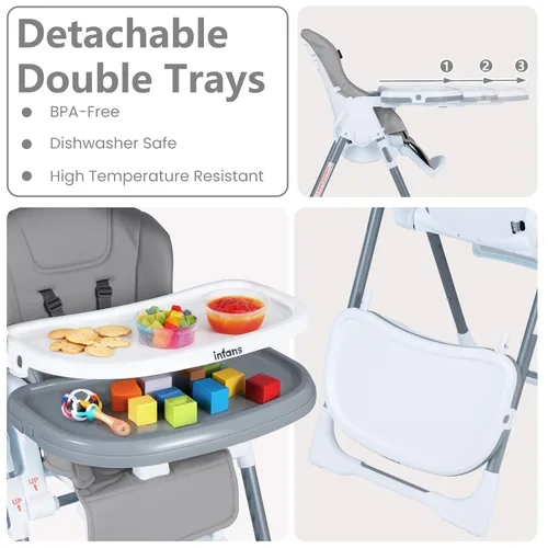 Miniatura 5 de INFANS Silla alta para bebés y niños pequeños, silla alta plegable con 7 alturas diferentes, 4 respaldos reclinables, 3 ajustes, bandeja extraíble