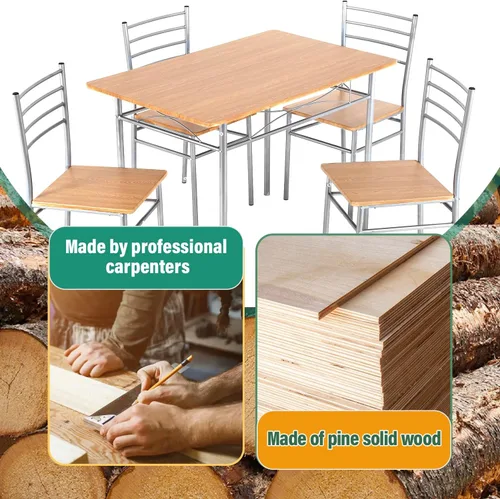 Miniatura 7 de Juego de mesa de comedor PayLessHere, mesa de madera y 4 sillas modernas con patas de metal, muebles rectangulares para el hogar