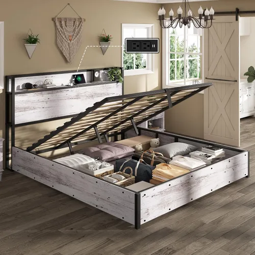 Miniatura 12 de AMERLIFE Marco de Cama de Almacenamiento Elevable Tamaño Completo, Marco de Cama de Plataforma de Madera con Almacenamiento Elevable y Estación